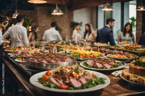 Group of people on catering buffet food indoor in restaurant with grilled meat. Buffet service for any festive event, party or wedding reception. Generative Ai.