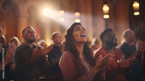A church choir performing with soft, glowing bokeh lights, spiritual practices of Christians, bokeh