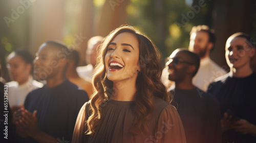 A church choir performing with soft, glowing bokeh lights, spiritual practices of Christians, bokeh photo