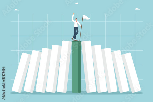Strategy for surviving an economic crisis or recession, finding a way out of business problems, maintaining financial position and cash during stock market crash, man with flag stood on falling graph.