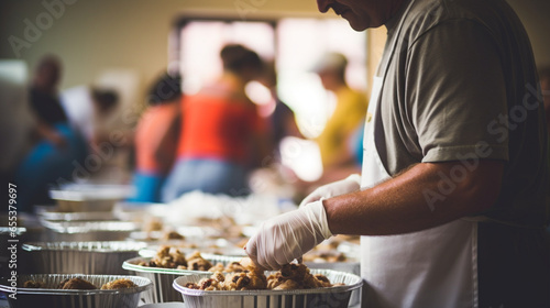 A person volunteering at a soup kitchen, embodying Christian service, spiritual practices of Christians, bokeh