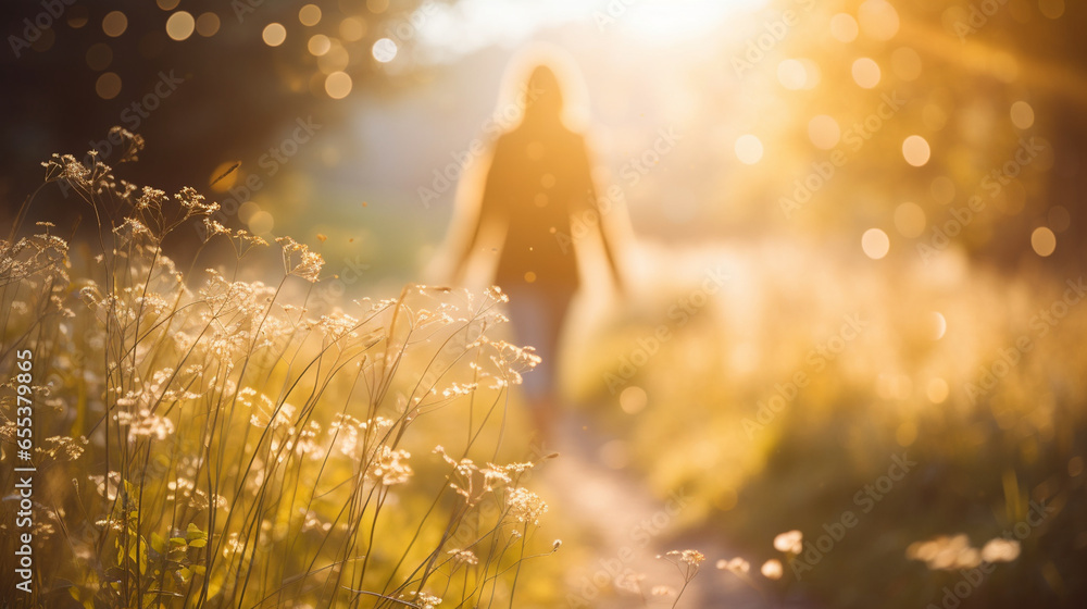 A person engaged in a peaceful, reflective walk in nature with gentle bokeh, spiritual practices of Christians, bokeh - obrazy, fototapety, plakaty 