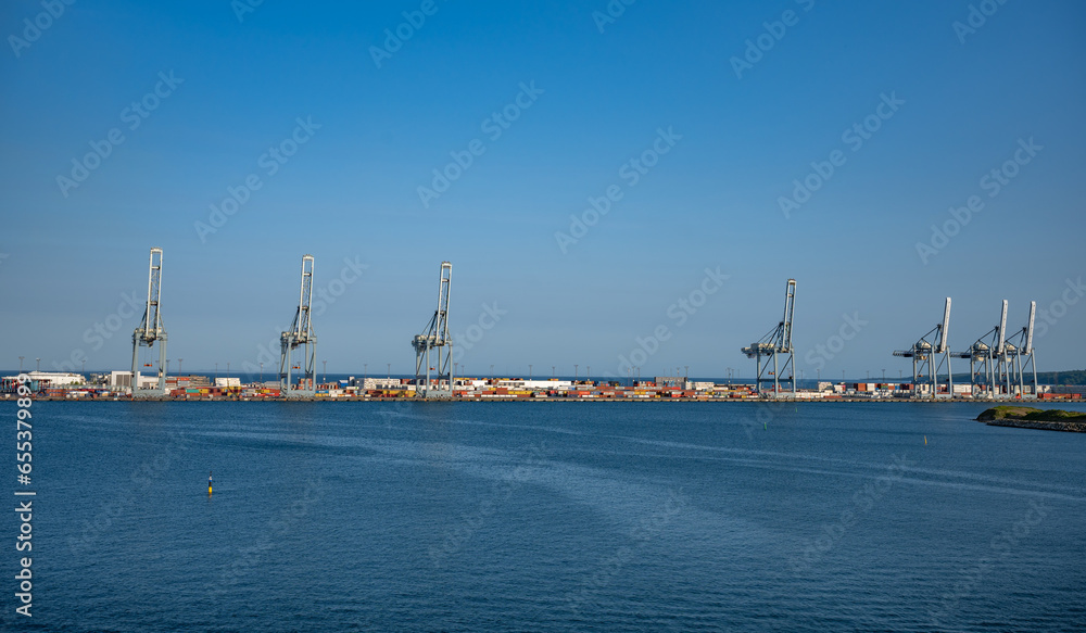 Container, Export, Shipping Cranes in a row at the Port of Aarhus, Denmark, wide angle shot