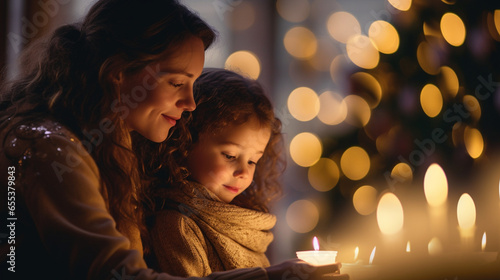 A mother and child lighting an Advent candle with warm, inviting bokeh, spiritual practices of Christians, bokeh