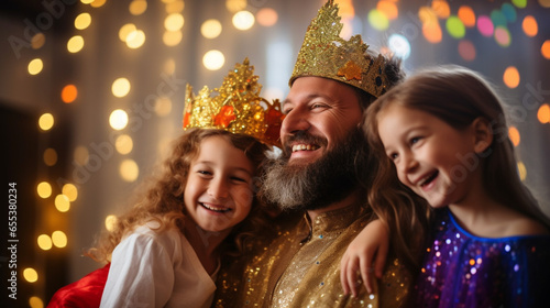 A family celebrating Purim with costumes and festive bokeh lights, spiritual practices of Jewish, bokeh