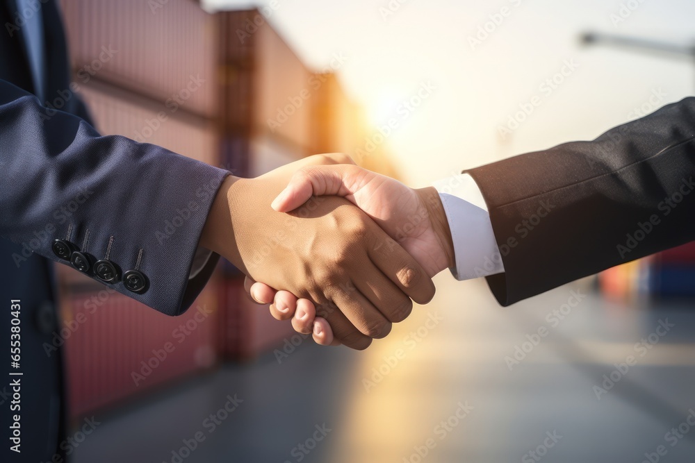 Handshake against the backdrop of a large container warehouse. Make a deal. Global transactions and cargo transportation around the world. Male hands close-up. Handshake against the backdrop of a large container warehouse. Make a deal. Global transactions and cargo transportation around the world. Male hands close-up.