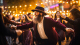 A vibrant Jewish community engaged in lively song and dance with festive bokeh lights, spiritual practices of Jewish, bokeh