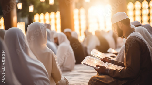 A group of Muslims reading Quranic verses together with warm, inviting bokeh, spiritual practices of Muslim, bokeh