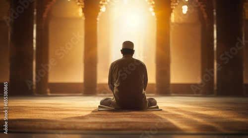 A person in peaceful prostration during Salah (prayer) with soft, reverent bokeh, spiritual practices of Muslim, bokeh