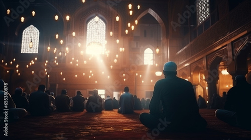 A beautifully lit mosque interior with worshippers in prayer, enhanced by ethereal bokeh lights, spiritual practices of Muslim, bokeh