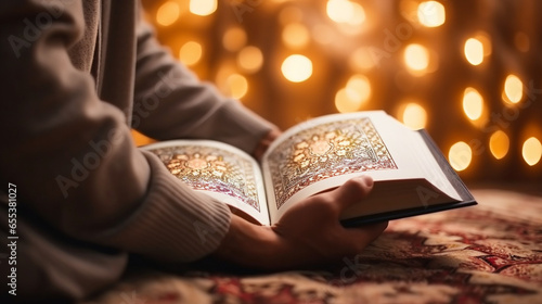 A person reading Islamic literature with soft, focused bokeh enhancing the atmosphere of learning, spiritual practices of Muslim, bokeh photo