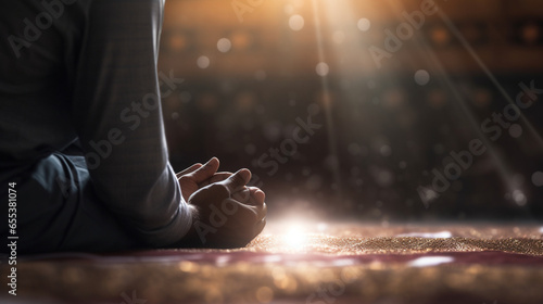 A person engaged in Sujood (prostration) during prayer with soft, tranquil bokeh, spiritual practices of Muslim, bokeh