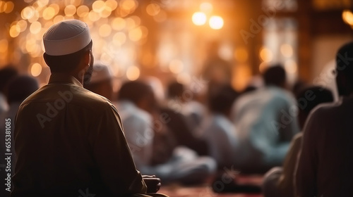 A group of Muslims engaged in the recitation of Hadith and Islamic teachings with focused bokeh, spiritual practices of Muslim, bokeh photo