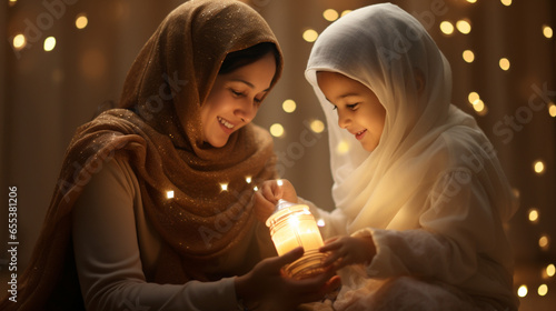 A mother teaching her child Islamic values with soft  heartwarming bokeh creating a nurturing atmosphere  spiritual practices of Muslim  bokeh