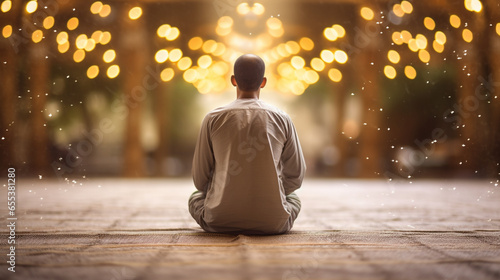 A person in deep contemplation during Itikaf with a serene bokeh background, spiritual practices of Muslim, bokeh photo