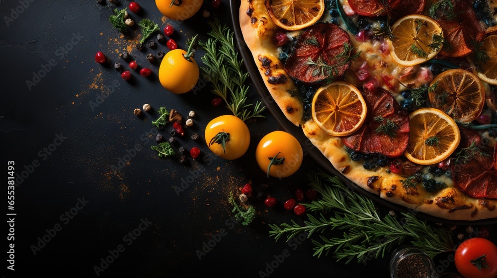  a pizza with oranges, tomatoes, and herbs on it.  generative ai