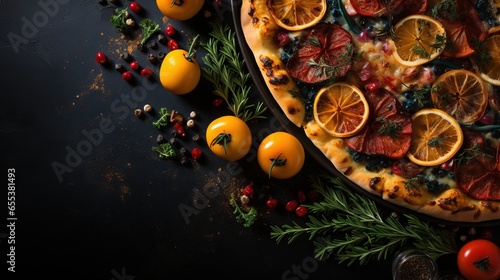  a pizza with oranges, tomatoes, and herbs on it. generative ai