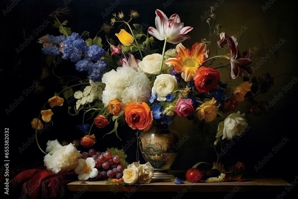 Still life with flowers and vase. Generative AI