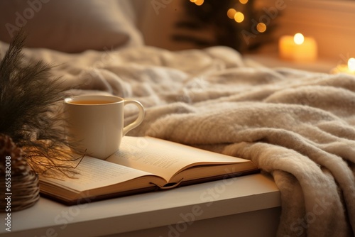 A cozy scene of a cup on a book in bed on a wooden tray, symbolizing a peaceful morning during the winter holidays. Generative AI