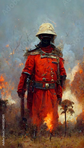 gargantuan humanoid victorian european british soldier military uniform red jacket black pants bright white pith helmet carrying a saber towering over the African savanna leaving a trail of 