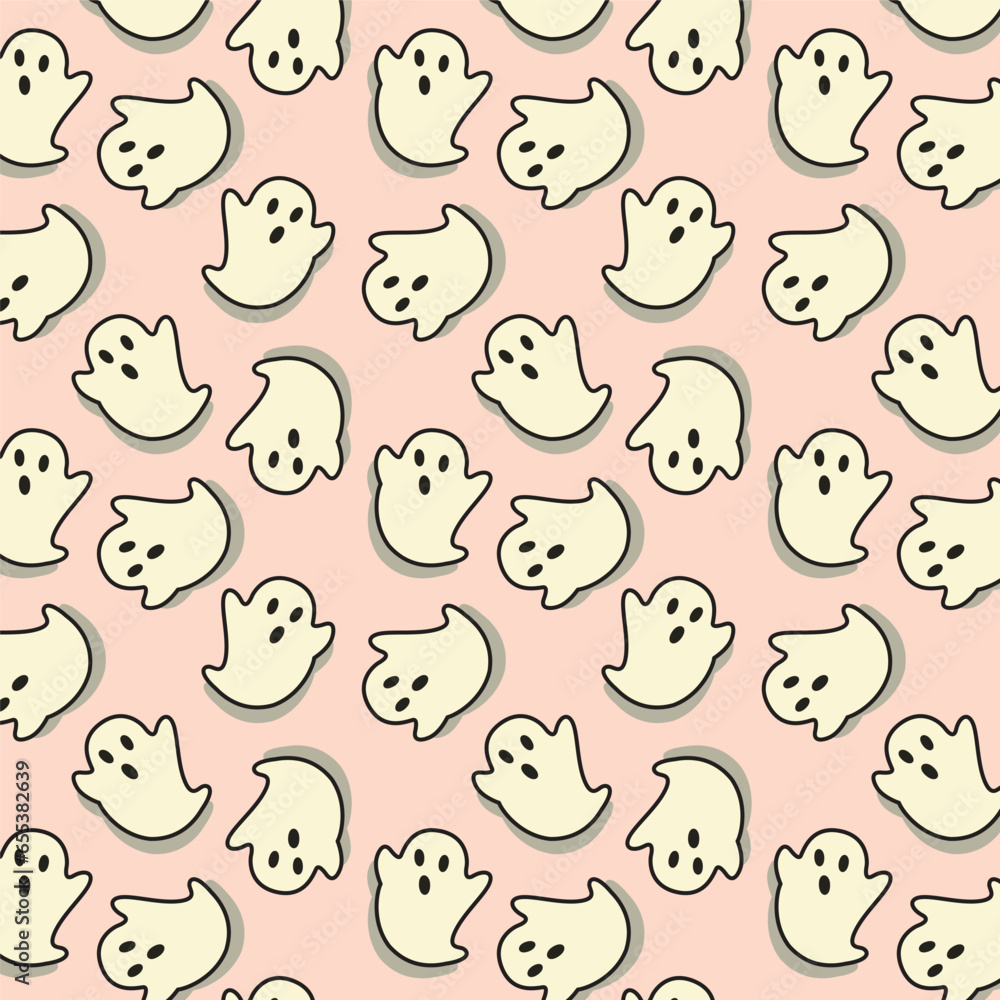 Cute seamless pattern with ghosts on pink background. Halloween pattern for kids. Vector illustration. Cute seamless pattern with ghosts on pink background. Halloween pattern for kids. Vector illustration.