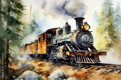 watercolor painting wooden steam train. Generative AI