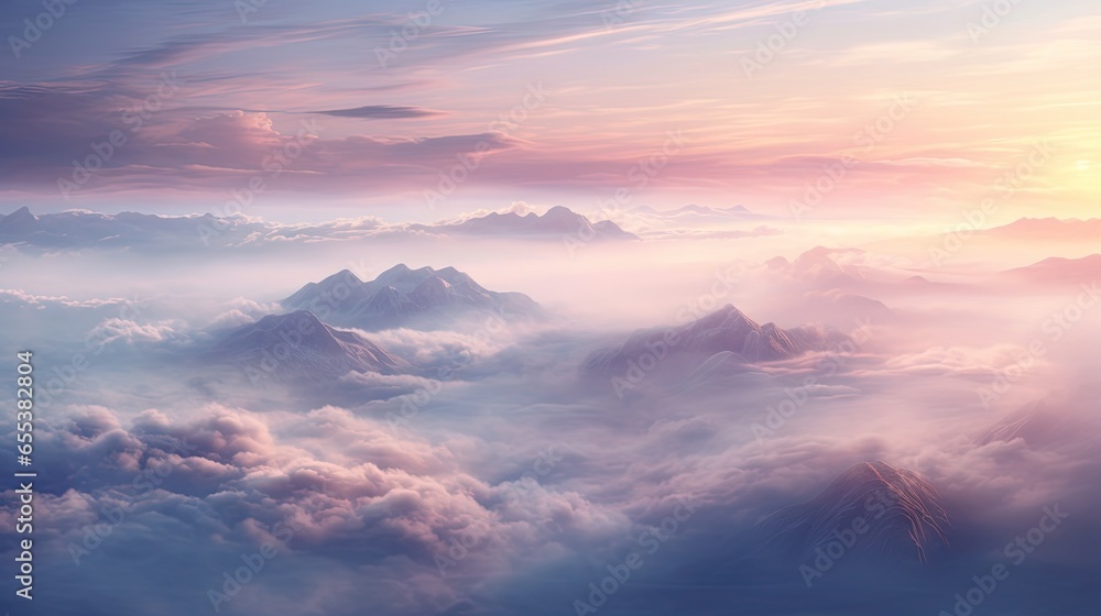  a view of a mountain range with clouds and a sunset in the background.  generative ai
