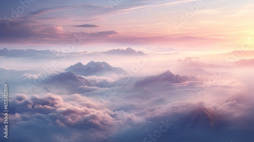  a view of a mountain range with clouds and a sunset in the background. generative ai