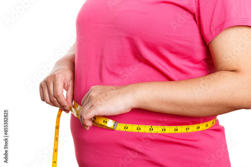 Fat woman measuring her stomach isolated on white background. Overweight, Obesity. Woman diet lifestyle concept