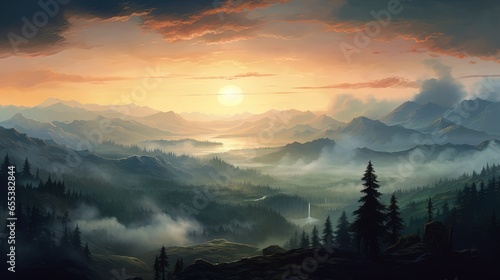  a painting of a sunset over a mountain range with trees. generative ai