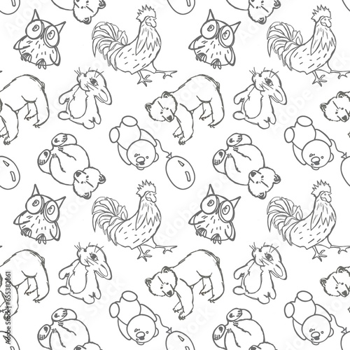 Seamless pattern with hand drawn cute animals for textile, fabrics, packaging paper, backgrounds