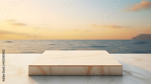 Square Marble Podium in light yellow Colors in front of a blurred Seascape. Luxury Backdrop for Product Presentation © drdigitaldesign