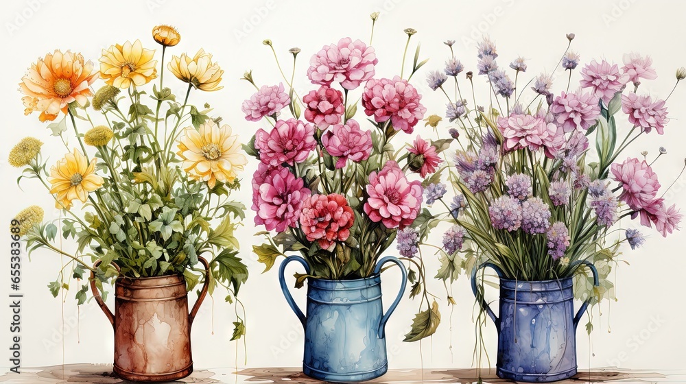  a painting of three vases with flowers in them on a table.  generative ai