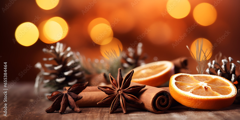 Traditional Christmas spices and dried orange slices on holiday bokeh background  - obrazy, fototapety, plakaty 