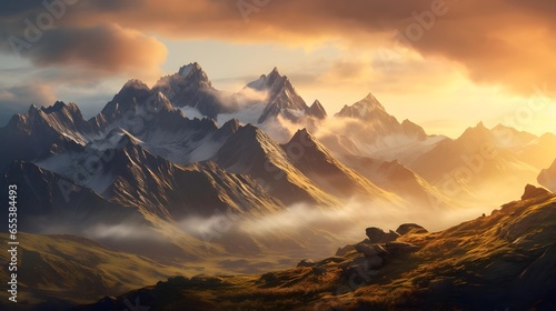 Mountains in the clouds at sunset. Panoramic view. © Iman