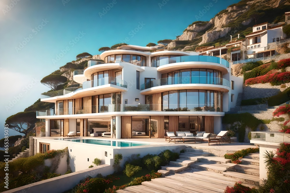 a luxurious Mediterranean-style villa nestled on a hillside overlooking the ocean - AI Generative