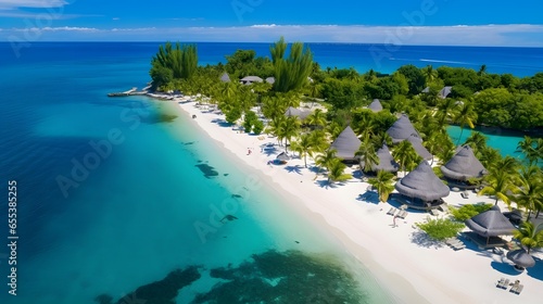 Aerial view of beautiful tropical island with white sand, turquoise water and palm trees. © Iman