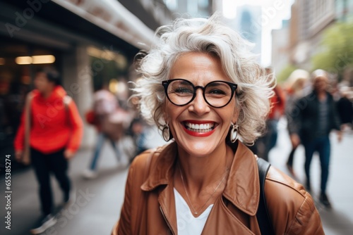 Smiling lady in street with grey flowing hair