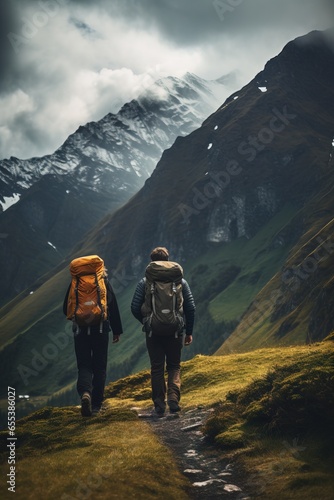 Two backpackers exploring incredible mountain landscapes, travel, and excursions. photo