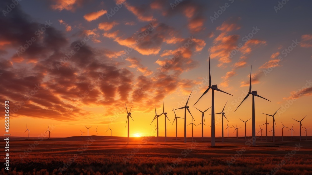 Obraz premium Windturbines in the ocean at sunset. Generative AI