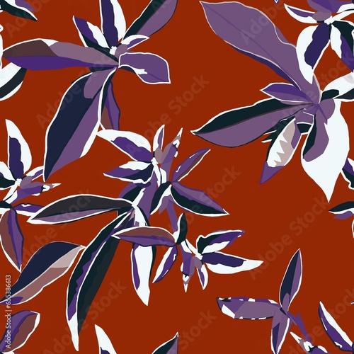 Seamless floral pattern with tropical leaves on a crimson background
