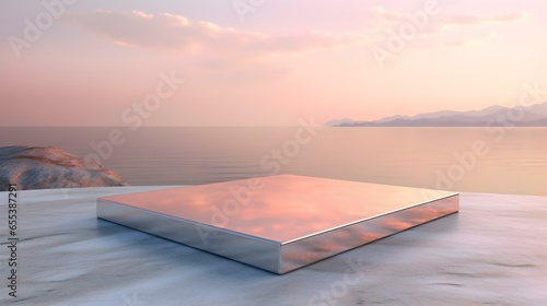 Wallpaper Mural Square Marble Podium in rose gold Colors in front of a blurred Seascape. Luxury Backdrop for Product Presentation Torontodigital.ca