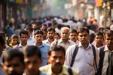 Crowd of Indian commuter people walking street