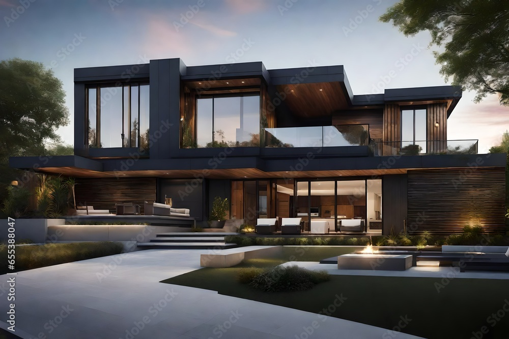 a modern villa with floor-to-ceiling glass facade, surrounded by green gardens and a private infinity pool - AI Generative
