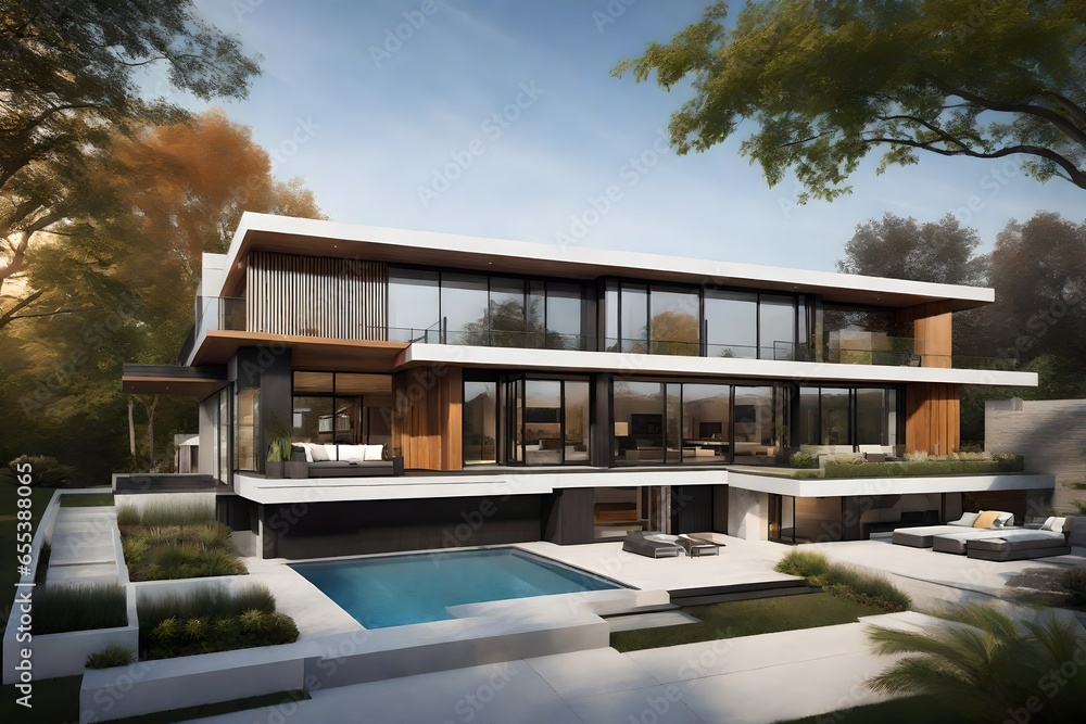 Fototapeta premium a modern villa with floor-to-ceiling glass facade, surrounded by green gardens and a private infinity pool - AI Generative