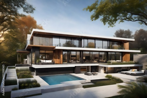 a modern villa with floor-to-ceiling glass facade, surrounded by green gardens and a private infinity pool - AI Generative © Being Imaginative