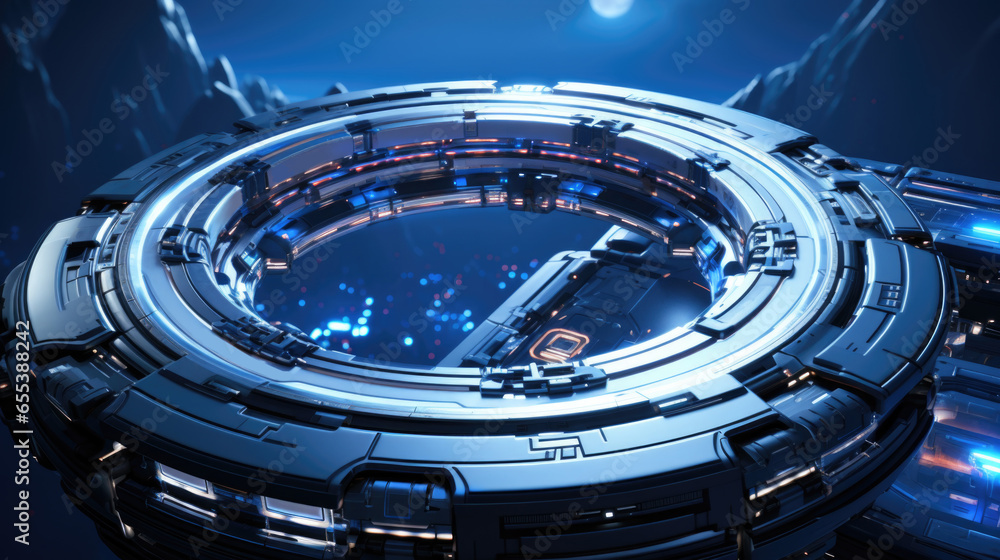 A futuristic space station with moon in the background. Empty stage mockup. A futuristic space station with moon in the background. Empty stage mockup.