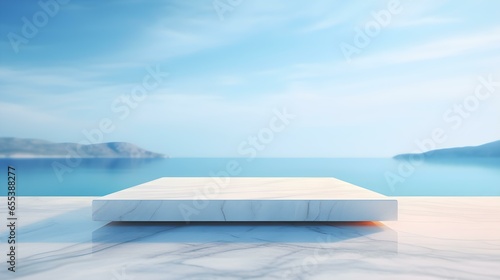 Square Marble Podium in sky blue Colors in front of a blurred Seascape. Luxury Backdrop for Product Presentation © drdigitaldesign