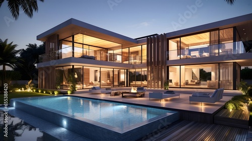 Modern Luxury Home Exterior with pool and garden at night.