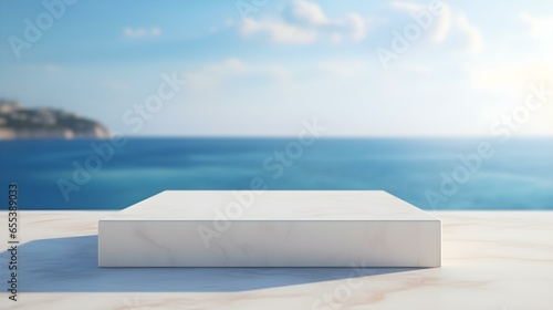 Square Marble Podium in white Colors in front of a blurred Seascape. Luxury Backdrop for Product Presentation
